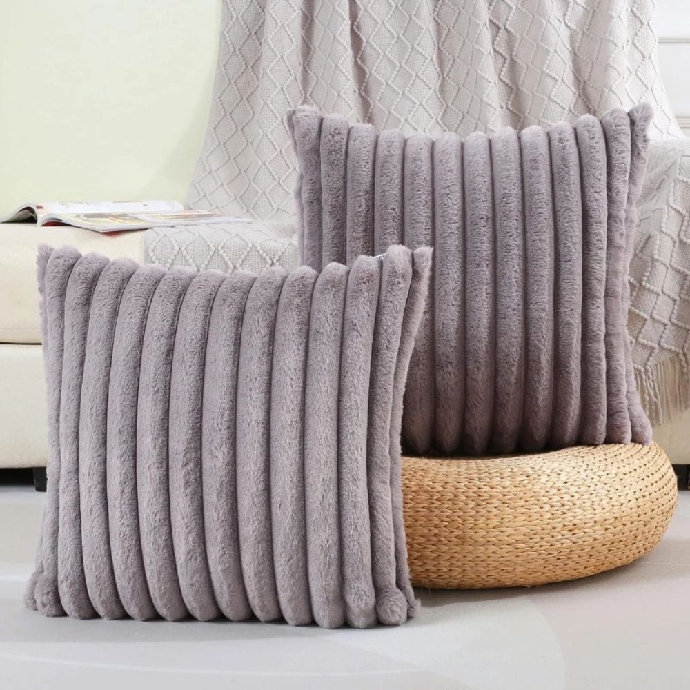 Plush Faux Fur Cushion Cover 18x18 Inches Soft Microfiber Striped Sofa Pillow Case