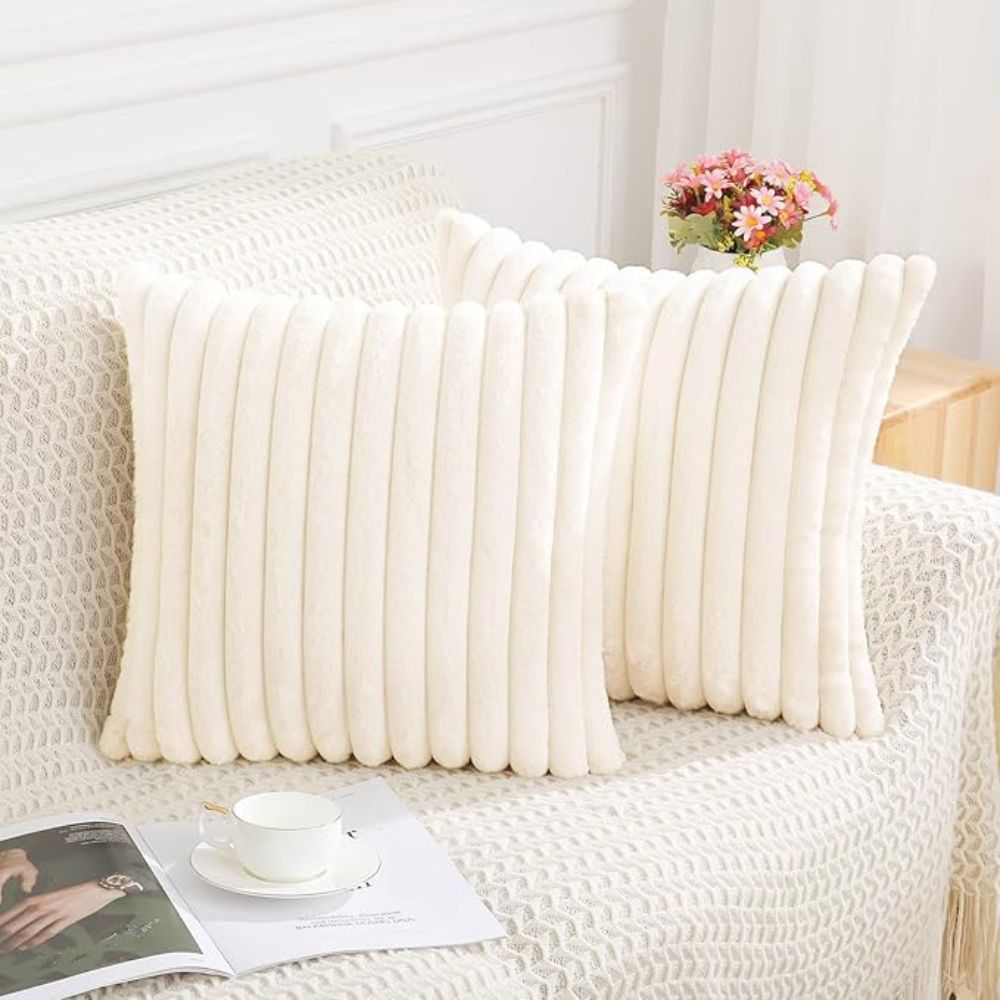 Plush Faux Fur Cushion Cover 18x18 Inches Soft Microfiber Striped Sofa Pillow Case