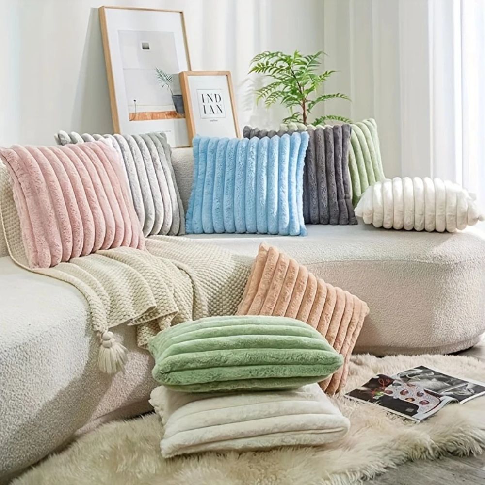 Plush Faux Fur Cushion Cover 18x18 Inches Soft Microfiber Striped Sofa Pillow Case