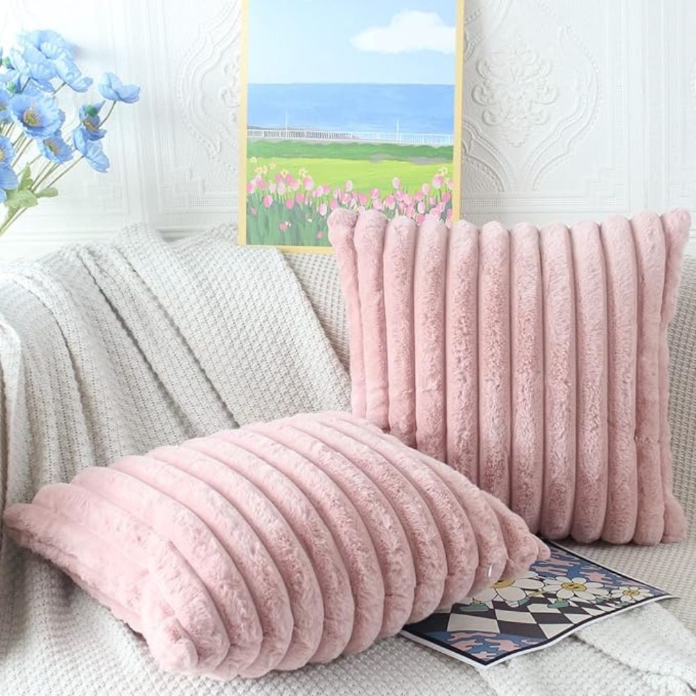 Plush Faux Fur Cushion Cover 18x18 Inches Soft Microfiber Striped Sofa Pillow Case