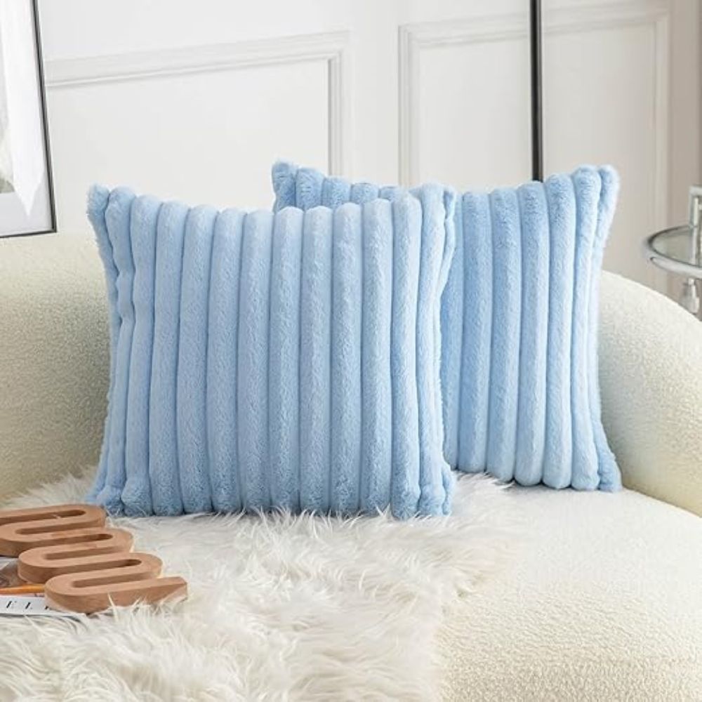 Plush Faux Fur Cushion Cover 18x18 Inches Soft Microfiber Striped Sofa Pillow Case