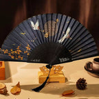 Hand-Painted Crane and Plum Blossom Fan with Carved Wooden Ribs and Silk Tassel, One Size