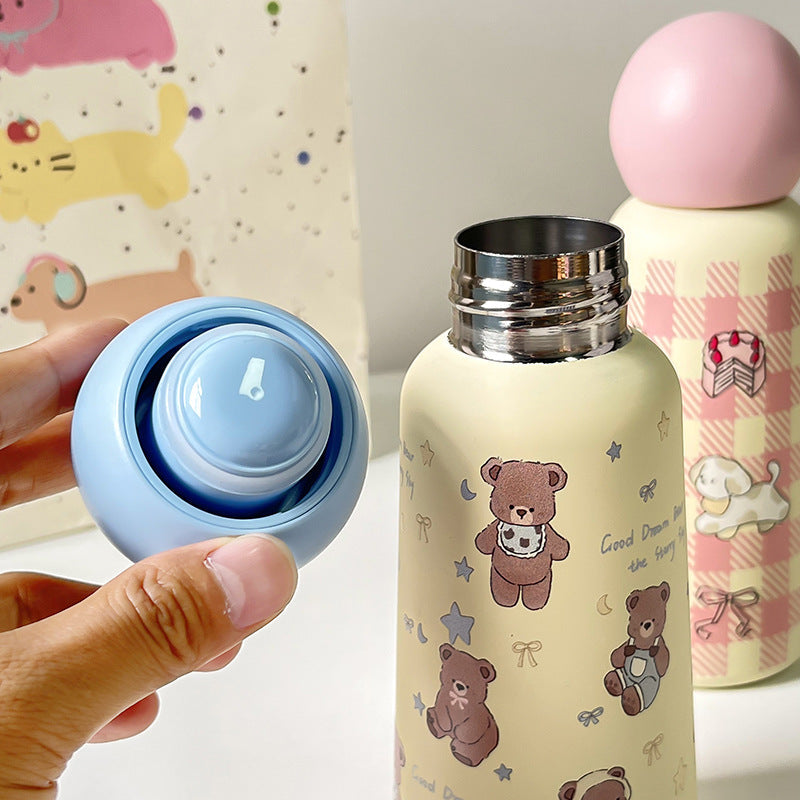 Insulated Water Bottle with Bear Design BPA-Free Plastic Leak-Proof Flip Lid for Women