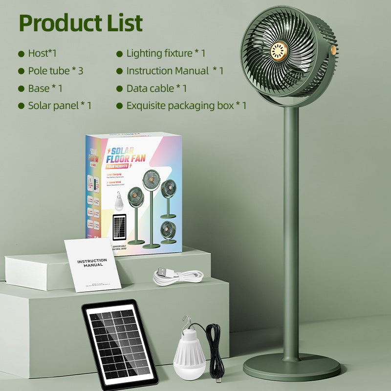 Solar-Powered Multi-Functional Floor Fan with Adjustable Height 5-Speed Settings and Emergency Power Bank