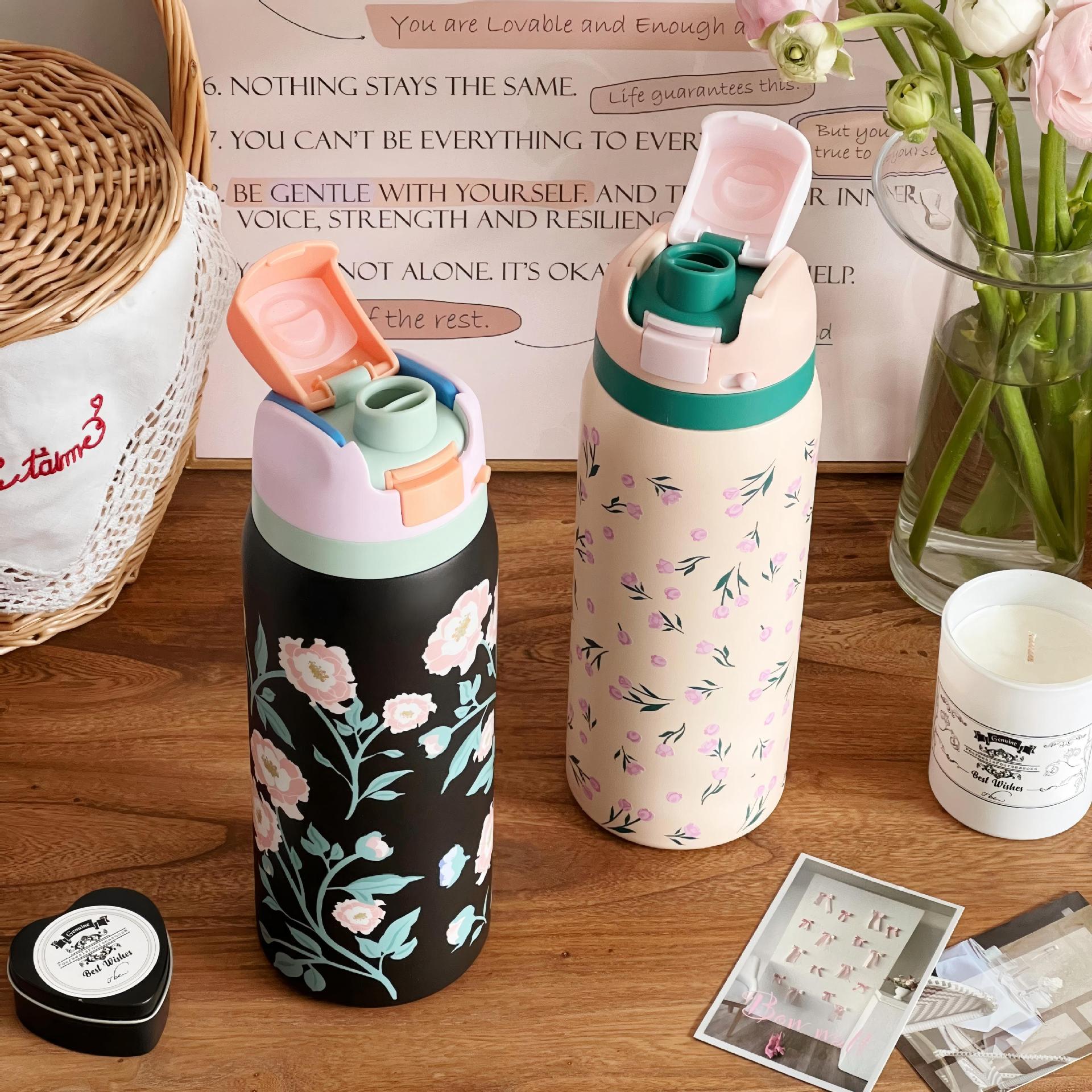 Insulated Water Bottle Double-Walled Leak-Proof Floral Design BPA-Free for Women