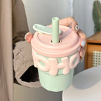 Ladies Drinking Cup with Animal Motif BPA-Free Plastic Spill-Proof Lid and Straw