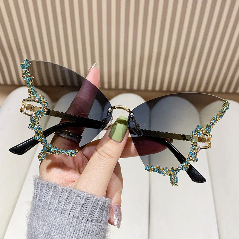 Women’s Butterfly Sunglasses with Sparkling Stones Green Accents UV Protection Lightweight