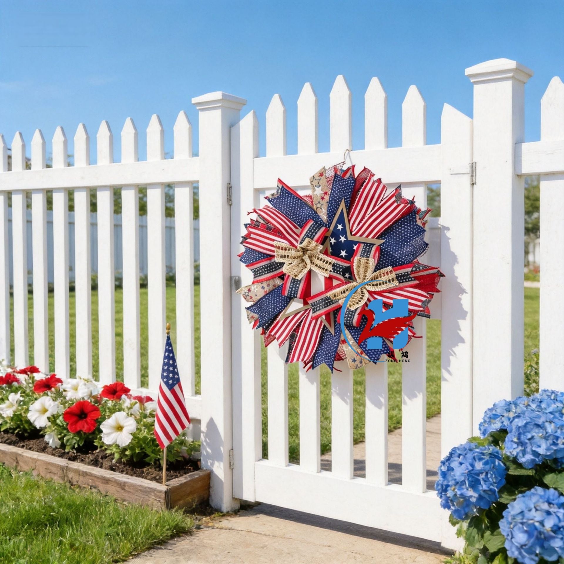 Unisex Patriotic Star Door Wreath Handmade Wood and Jute Ribbon Rustic Decoration