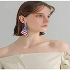 Women's Long Rhinestone Mesh Earrings American Flag Design Fishhook Lightweight