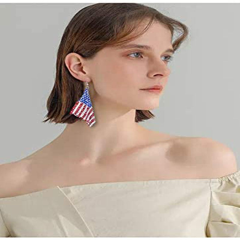 Women's Long Rhinestone Mesh Earrings American Flag Design Fishhook Lightweight