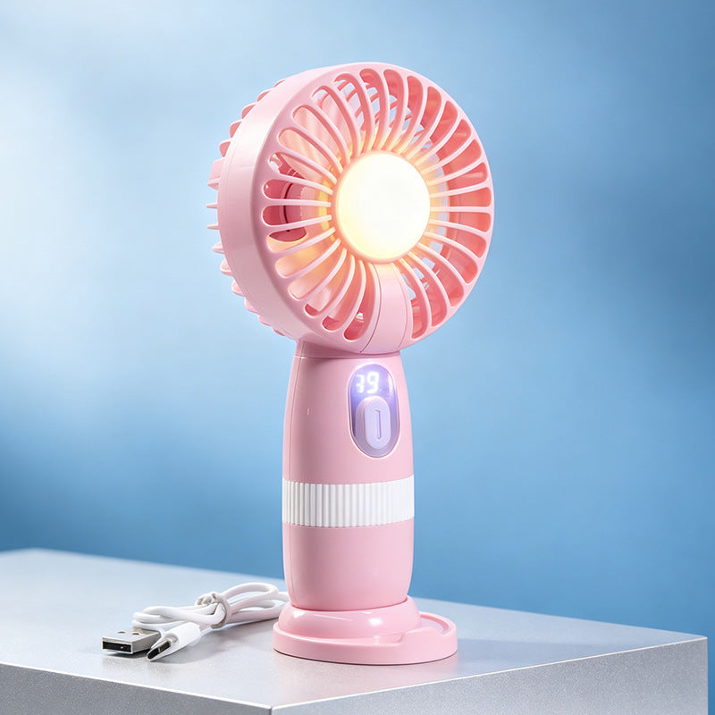 Portable USB Hand Fan with LED Light and Digital Temperature Display for Women