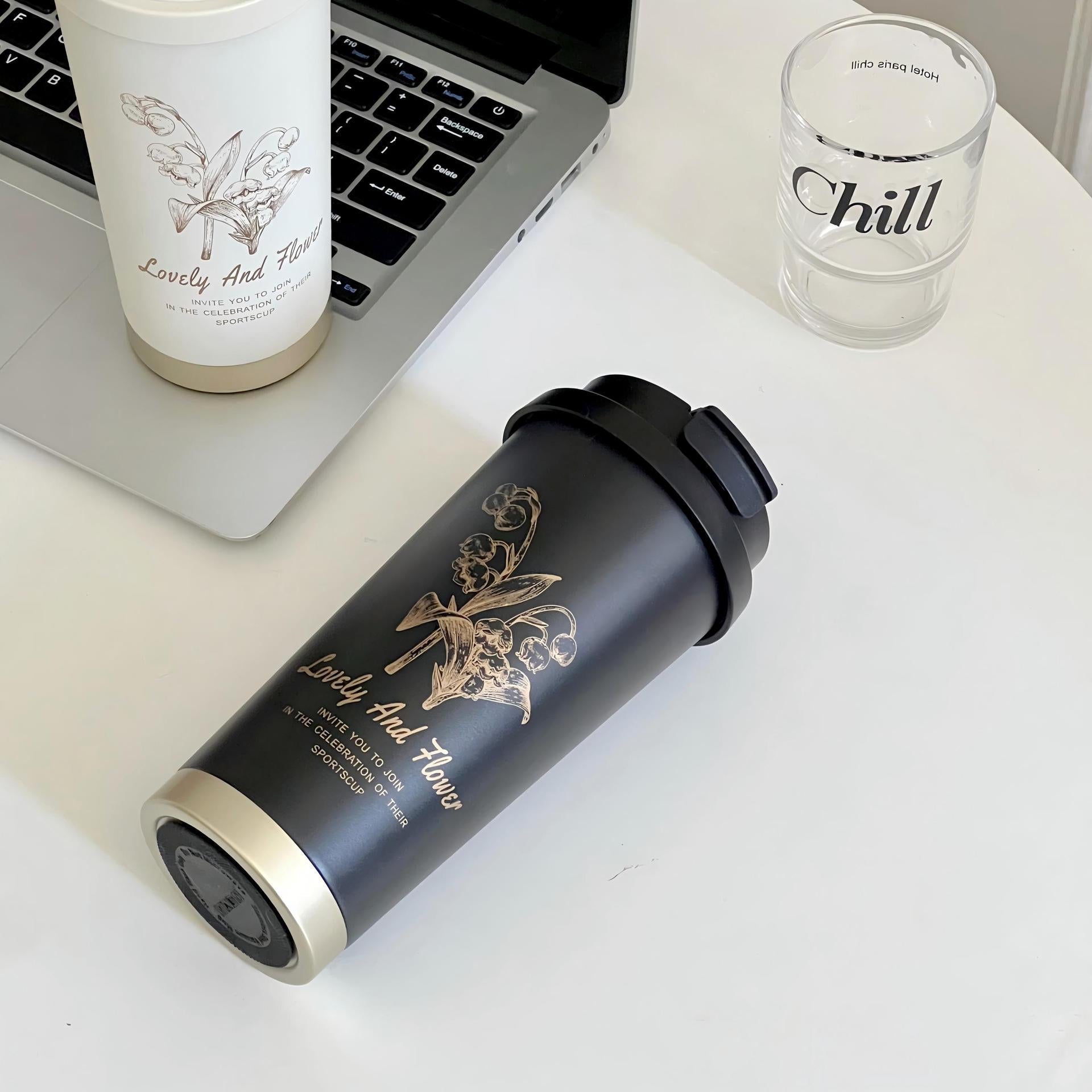 Women Travel Mug Insulated Stainless Steel Leak-Proof with Elegant Floral Illustration