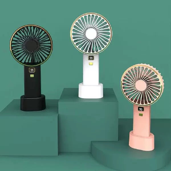 Rechargeable Portable Hand Fan with Digital Battery Indicator and Charging Dock
