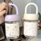 Women’s Glass Drinking Cup with Leak-Proof Lid and Playful Dog Design with Handle
