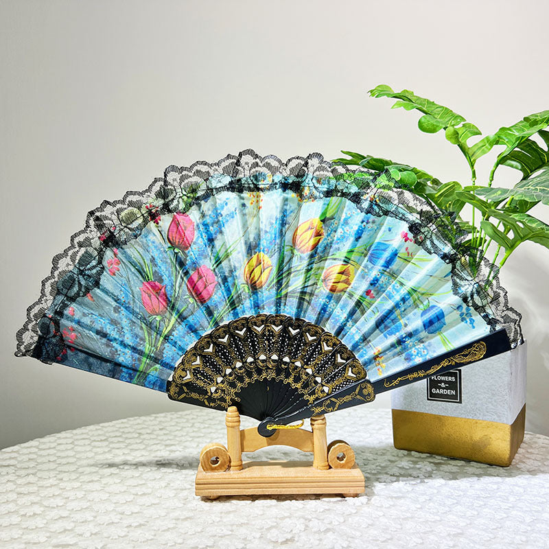 Ladies Elegant Hand Fan Floral Design Lace Edges Compact Lightweight