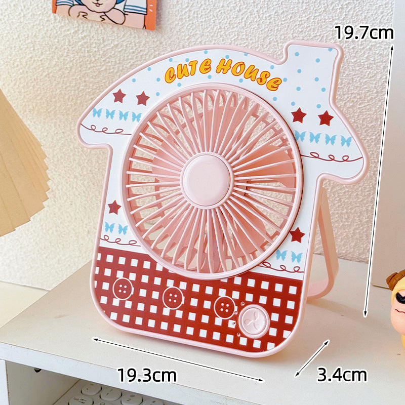 Portable Table Fan Cute House Design Compact Lightweight with Dog Motif and Flowers