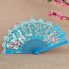 Women Folding Hand Fan Embroidered Pink Fabric and Wood Portable Accessory