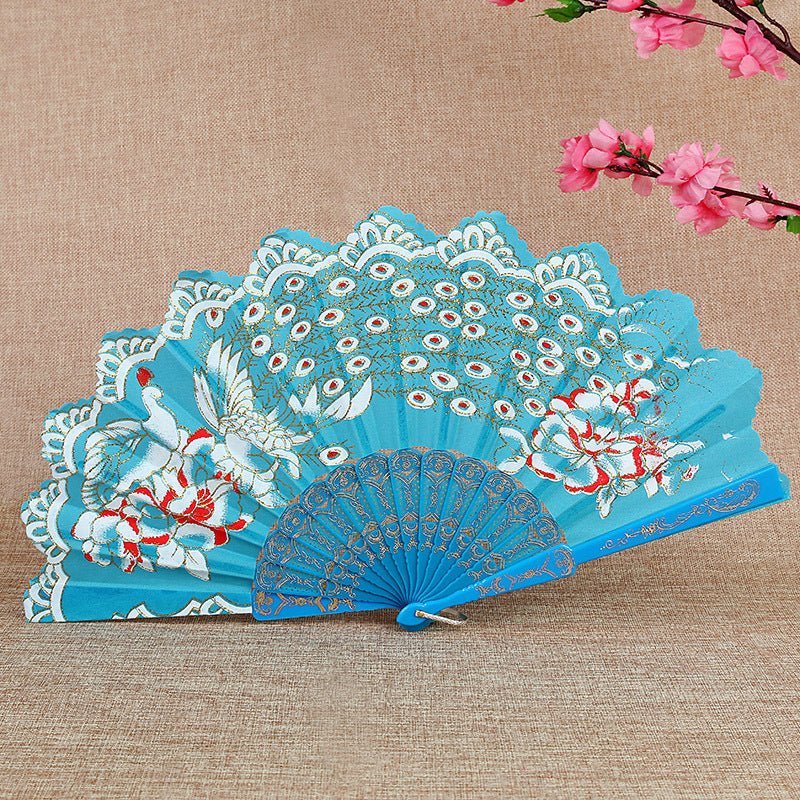 Women Folding Hand Fan Embroidered Pink Fabric and Wood Portable Accessory