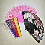 Women Folding Hand Fan Embroidered Pink Fabric and Wood Portable Accessory
