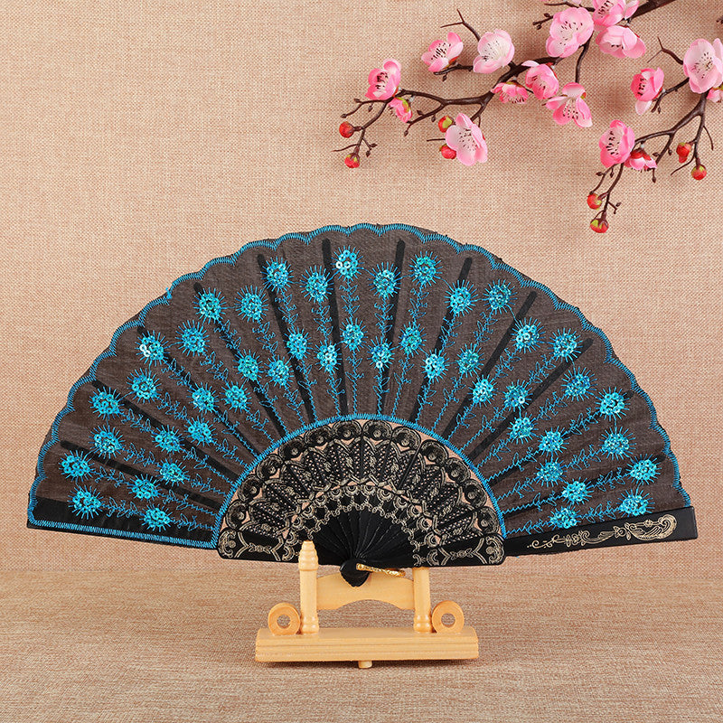 Handmade Ladies Fan Black Fabric Wood Blue Floral Embroidered Design