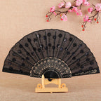 Handmade Ladies Fan Black Fabric Wood Blue Floral Embroidered Design