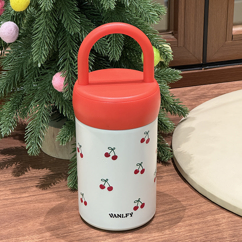 Insulated Plastic Drinking Cup with Cherry Design Leak-Proof Lid and Carry Handle for Women