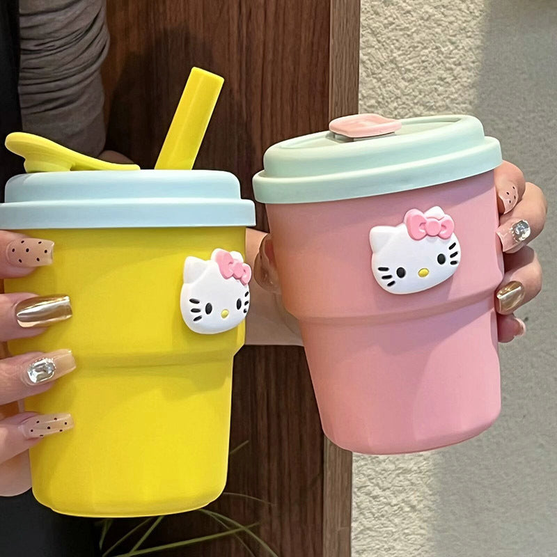 Reusable Drinking Cup with Straw BPA-Free Plastic Hello Kitty Design Compact Dishwasher Safe