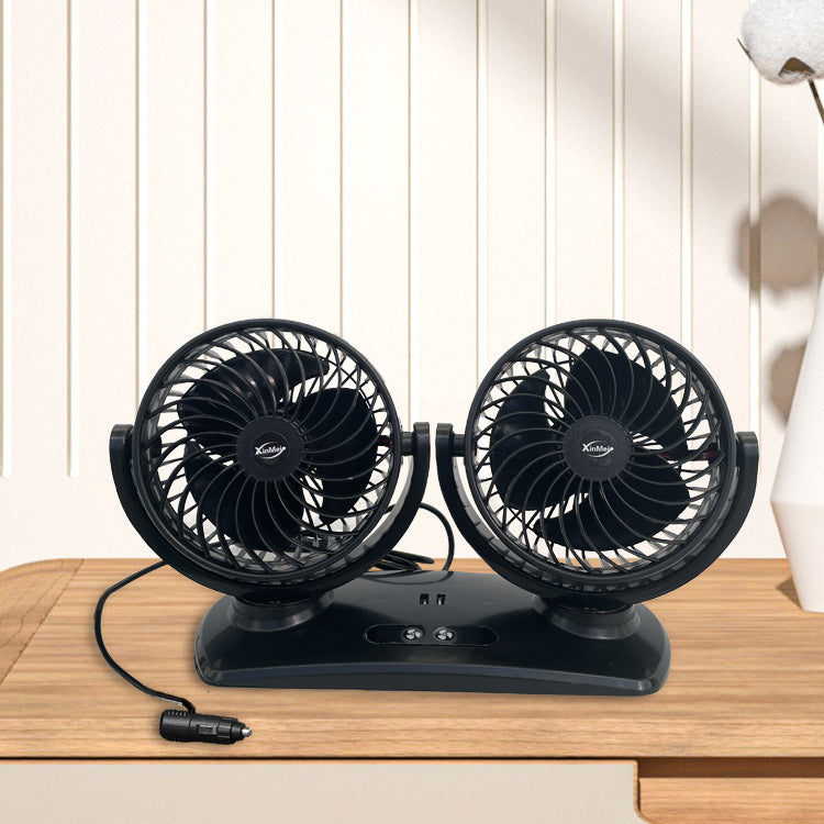 Dual-Head Portable Car Ventilation Fan Adjustable Airflow 12V Plug-In