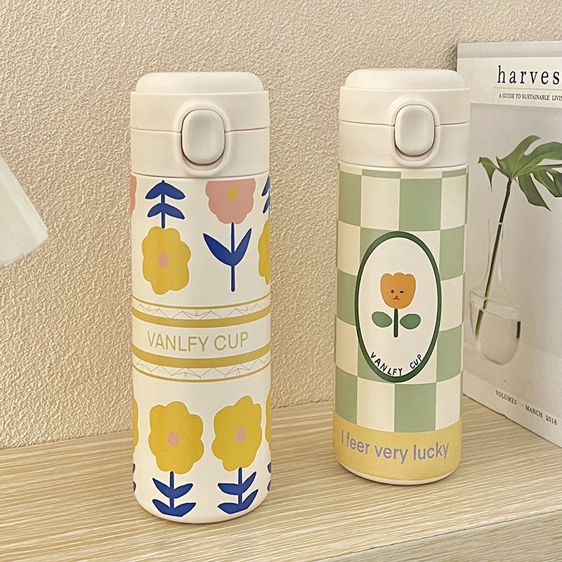 Women's Insulated Stainless Steel Water Bottle Leak-Proof Flip Top Floral Design