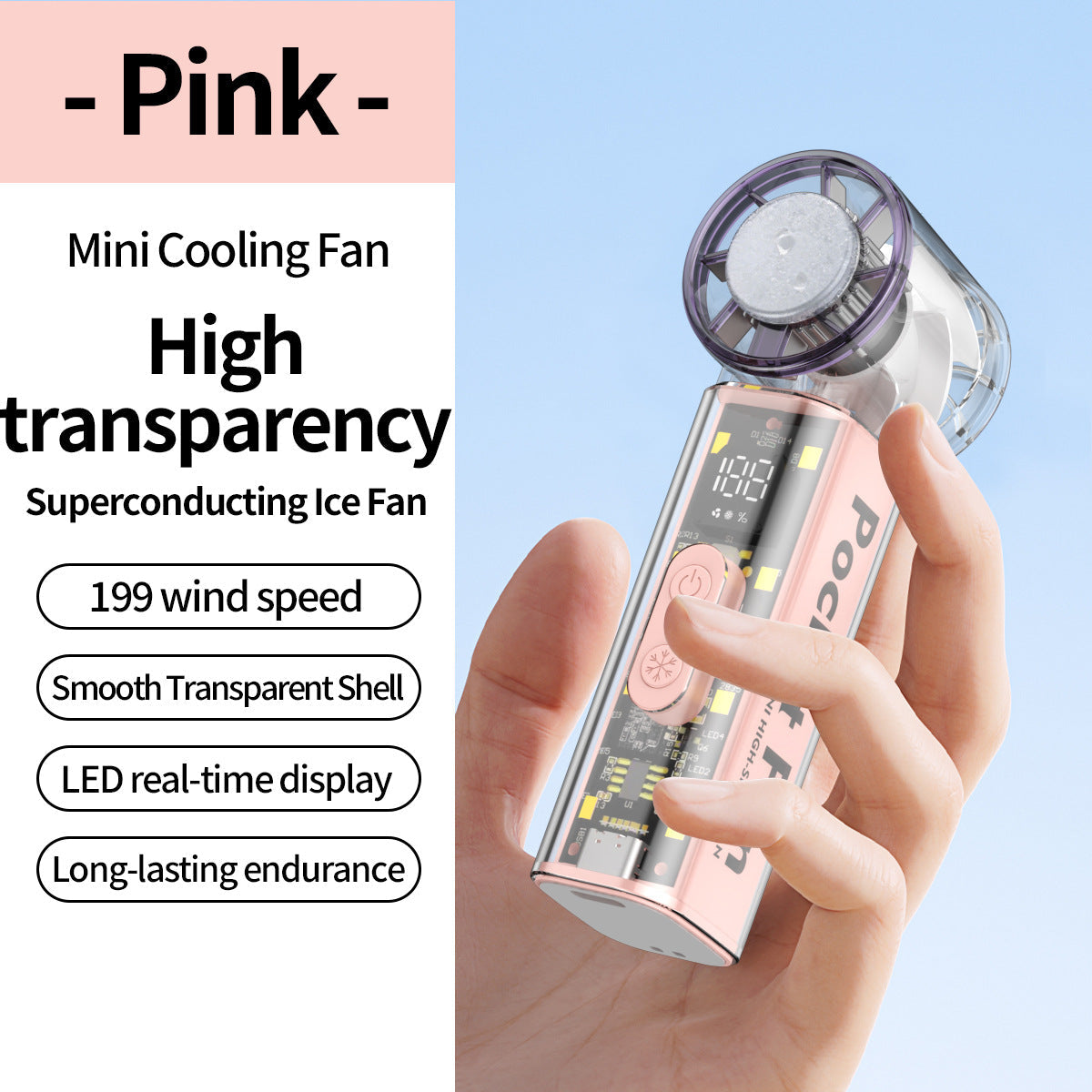 Portable Mini Fan with Transparent Housing LED Display Lightweight Compact