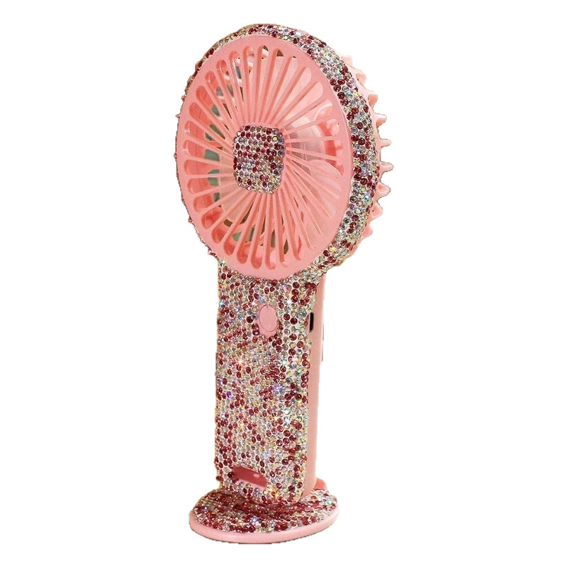 Rechargeable Portable Handheld Fan with Rhinestone Accents and Cat Emblem