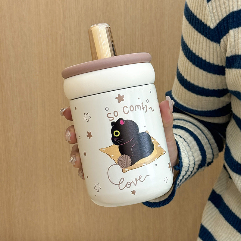 Women’s BPA-Free Plastic Water Bottle with Silicone Cap and Cat Design Playful Pattern