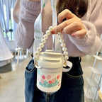 Women's Insulated Water Bottle with Pearl Carrying Strap Leak-Proof Hot Cold Flask