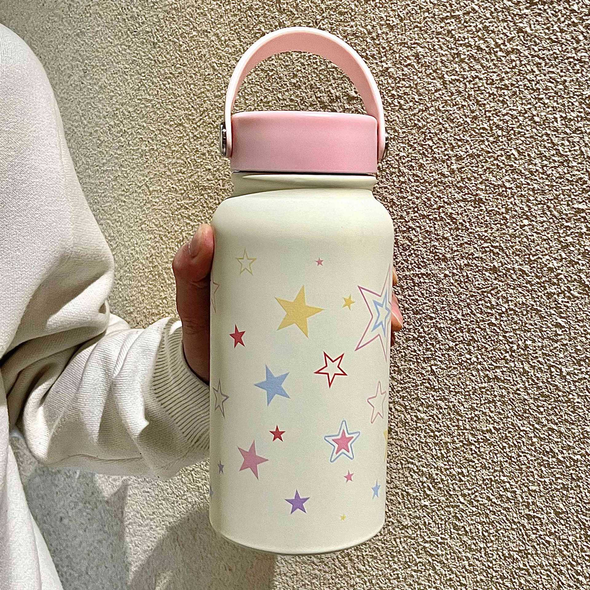 Women’s Insulated Water Bottle BPA-Free Plastic Double-Walled Star Motif Pastel Colors