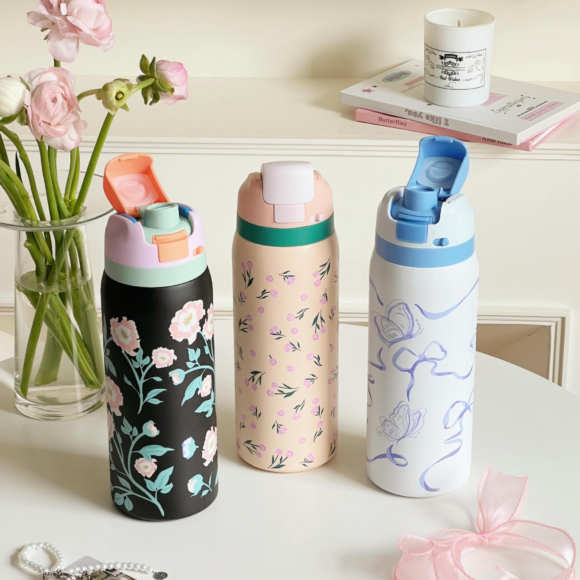 Insulated Water Bottle Double-Walled Leak-Proof Floral Design BPA-Free for Women