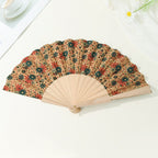 Women's Handmade Wooden Fan with Floral Motifs Elegant Fabric Folding Fan