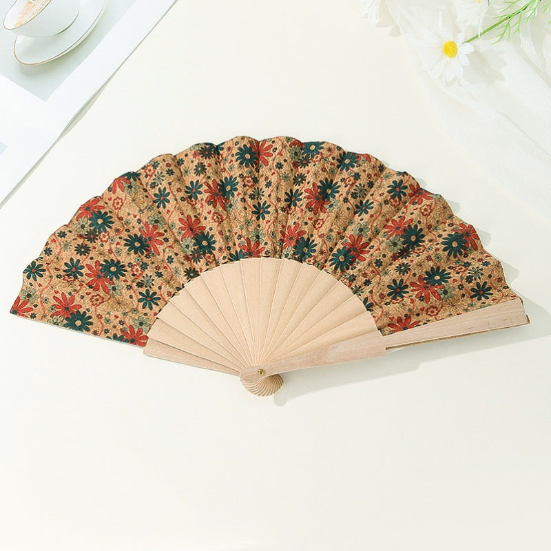 Women's Handmade Wooden Fan with Floral Motifs Elegant Fabric Folding Fan