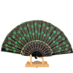Handmade Ladies Fan Black Fabric Wood Blue Floral Embroidered Design