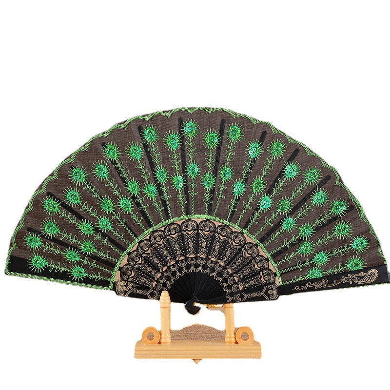 Handmade Ladies Fan Black Fabric Wood Blue Floral Embroidered Design