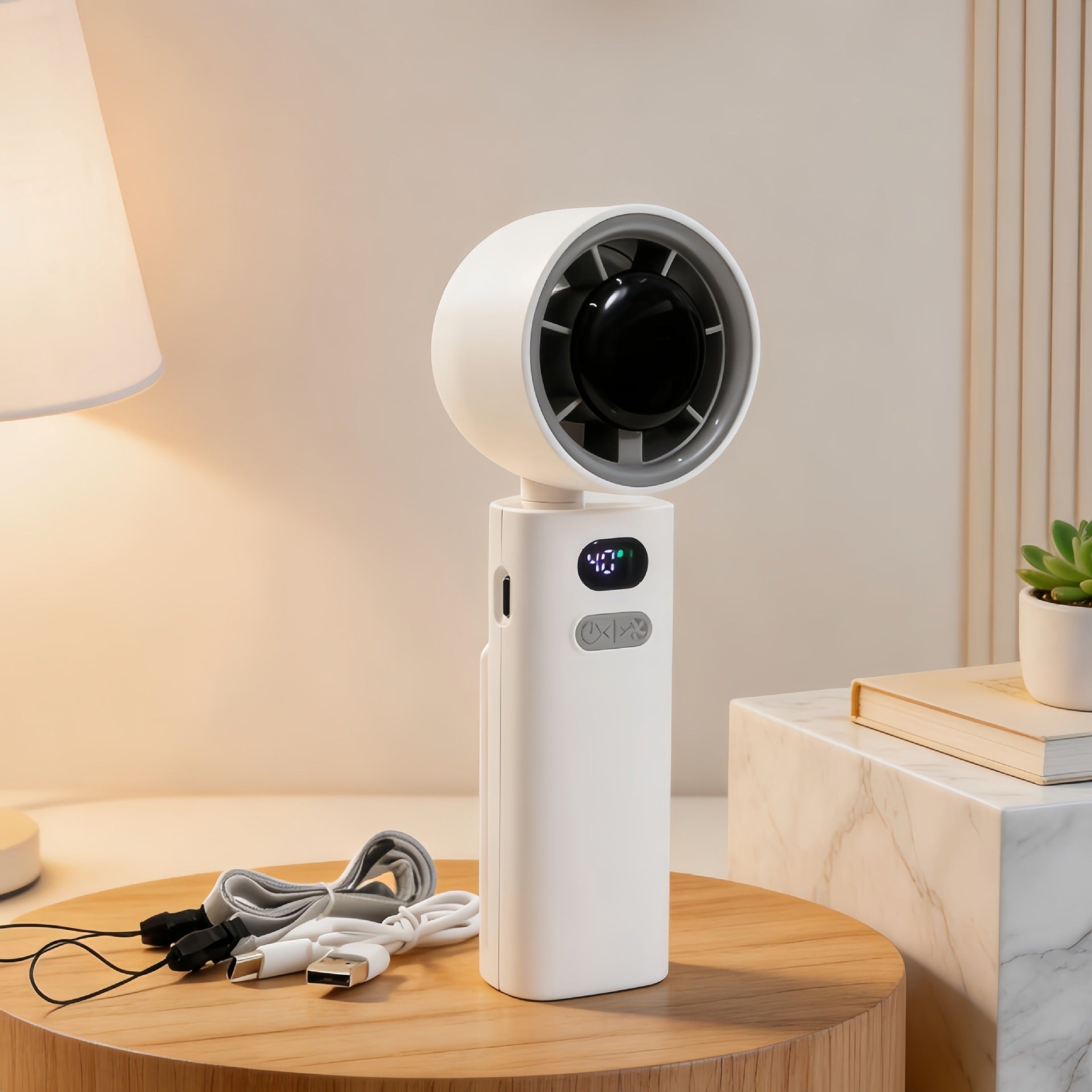Portable USB Rechargeable Personal Fan with Display and Carrying Strap Compact Cooling