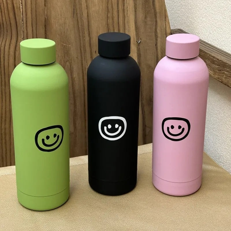 Women's Stainless Steel Insulated Water Bottle Leak-Proof Smiley Design Portable