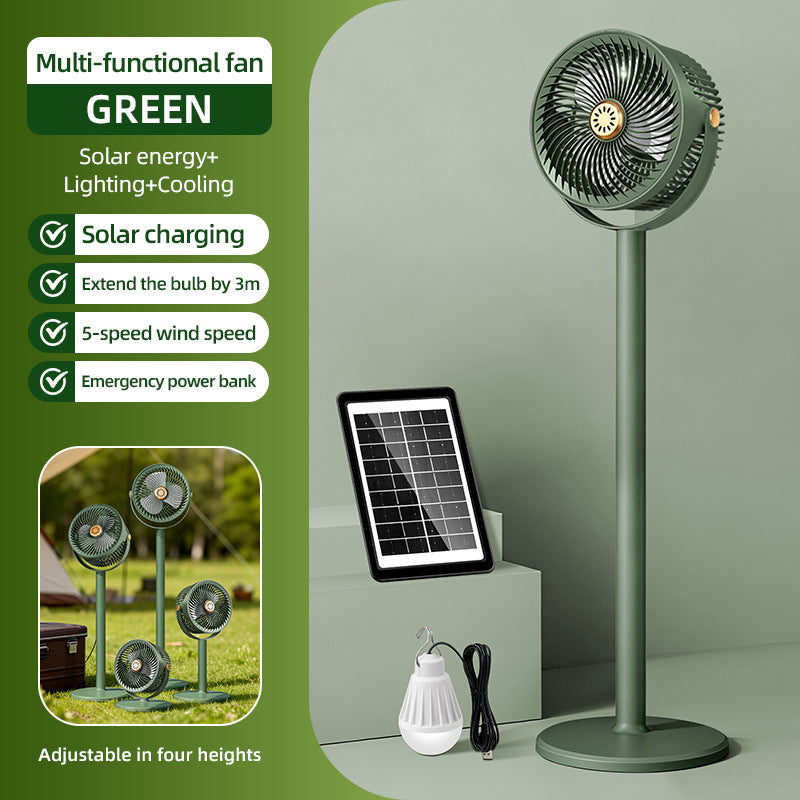 Solar-Powered Multi-Functional Floor Fan with Adjustable Height 5-Speed Settings and Emergency Power Bank