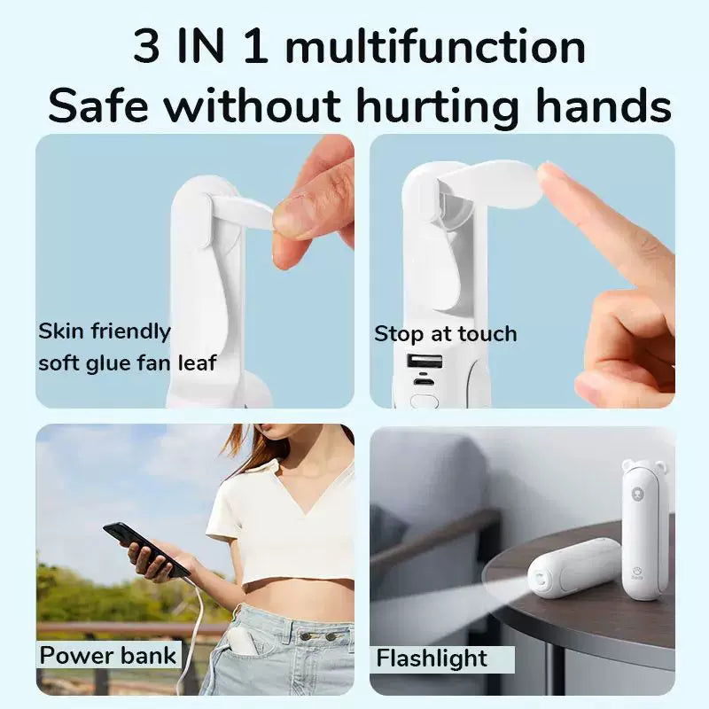 Foldable Rechargeable Mini Handheld Fan with Power Bank USB-C USB-A Ports and Wrist Strap