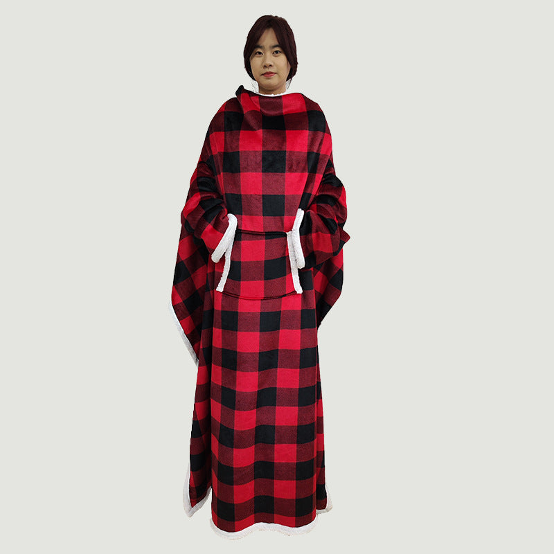 Women’s Cozy Fleece Oversized Poncho with Pockets Plaid Pattern Soft Warm Throw