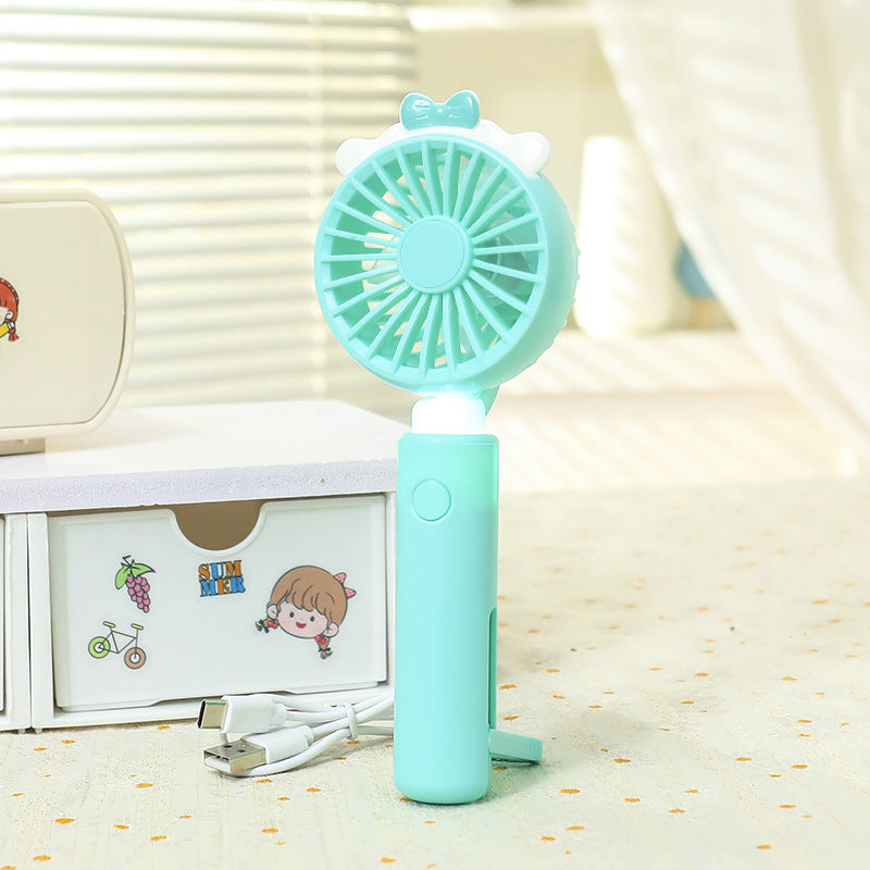 Portable Handheld Fan with LED Light and Animal Ear Design USB Rechargeable Quiet Operation
