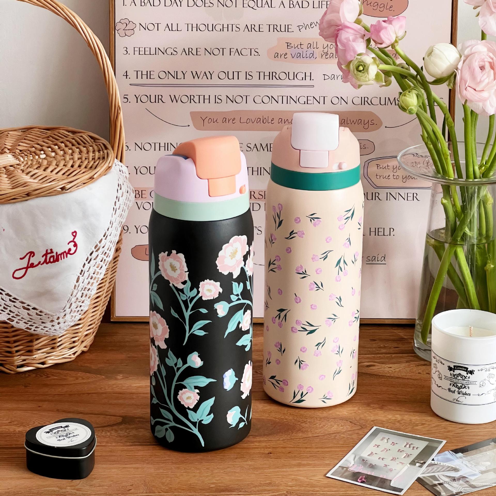 Insulated Water Bottle Double-Walled Leak-Proof Floral Design BPA-Free for Women
