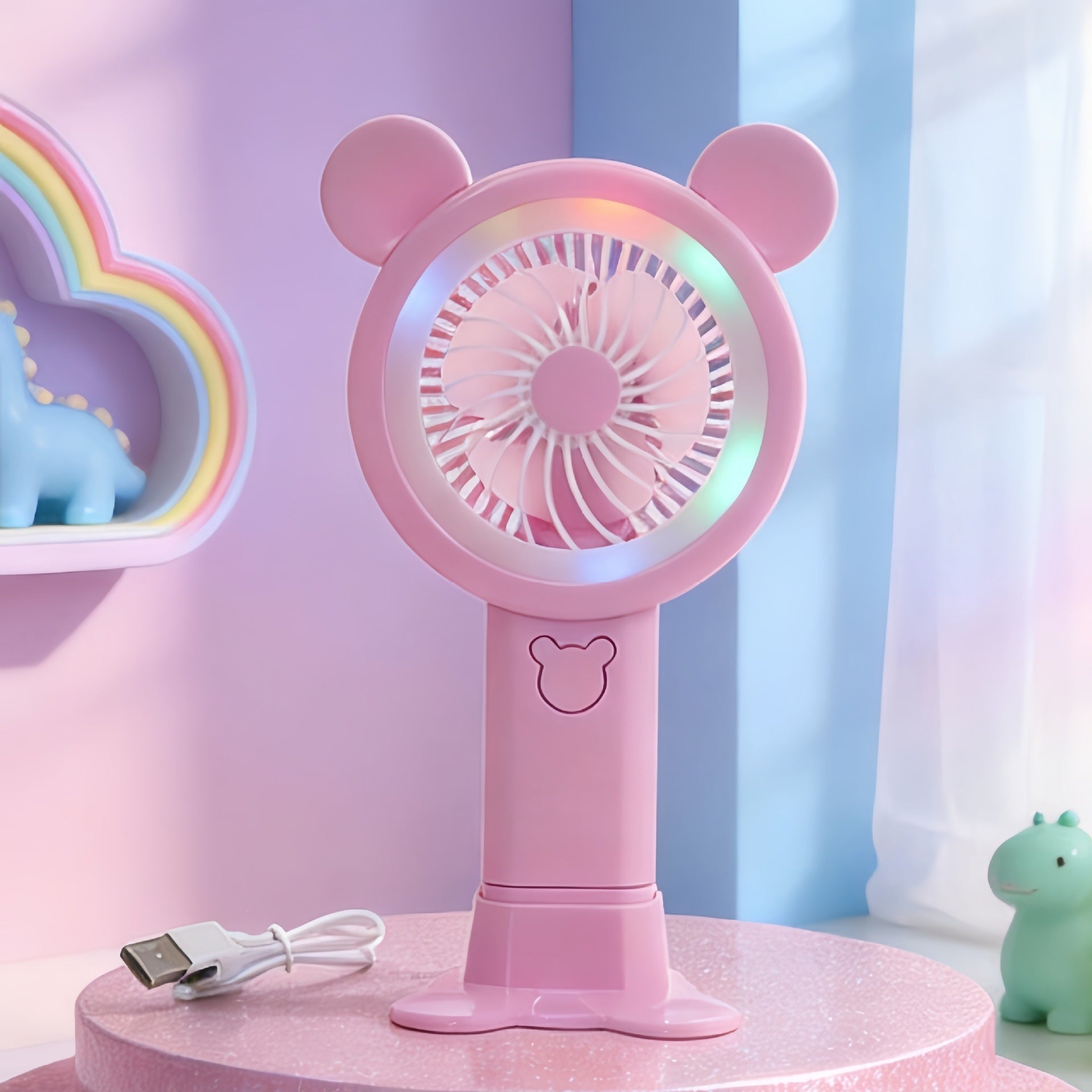 Portable USB Hand Fan with LED Lights Flexible Tilt Lightweight Personal Cooling Device
