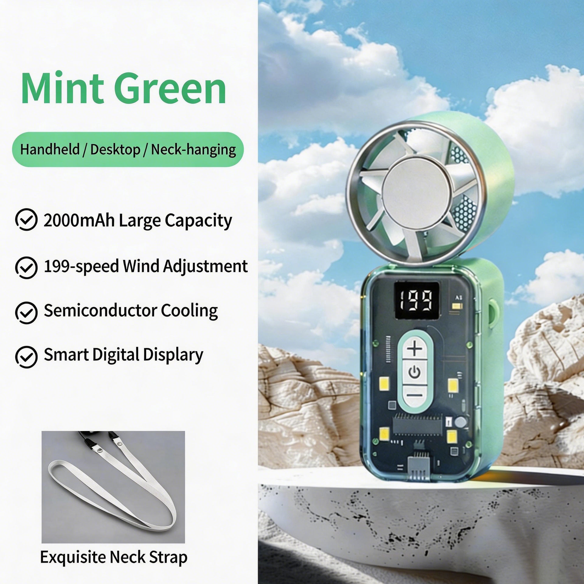 Portable Fan for Women 20100mAh Battery 199 Speed Levels Digital Display