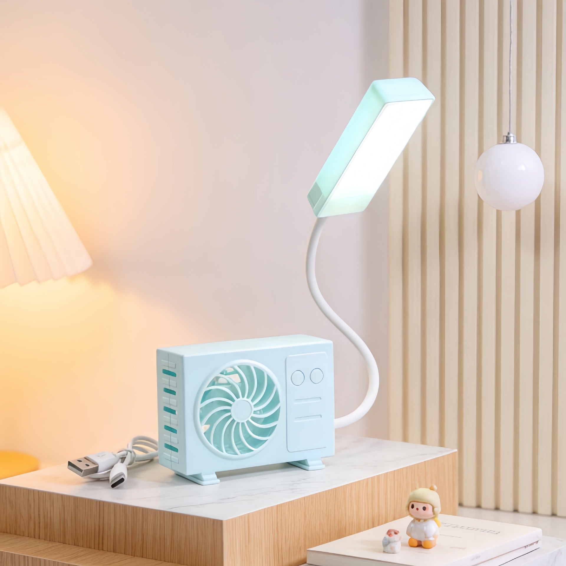 Multifunctional Table Lamp with Built-In Fan USB Powered Adjustable Brightness Compact Design