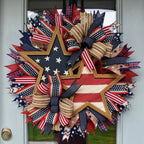 Unisex Patriotic Star Door Wreath Handmade Wood and Jute Ribbon Rustic Decoration